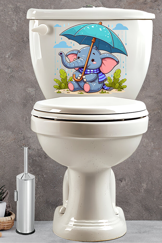 Cute Elephant Sitting with a Umbrella under the Rain Themed Toilet Seat Sticker Bathroom Sticker
