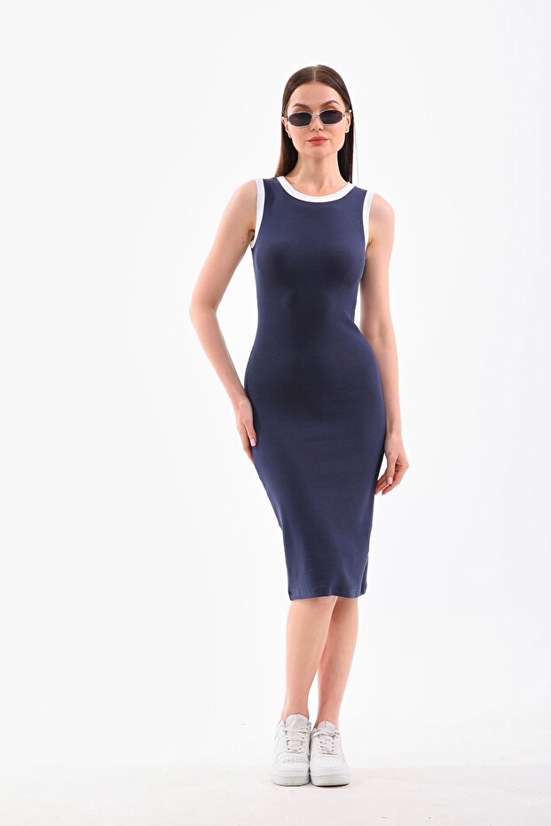 Navy Blue and White Piping Body-Fitting Sleeveless Below the Knee Ribbed Flexible Thick Strap Camisole Dress
