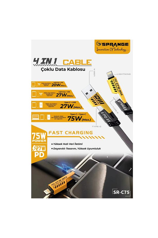 75W 4-in-1 Hızlı Şarj Kablosu – USB-A, Type-C ve Lightning, 100 cm PD 27 Max. Uyumlu - 1