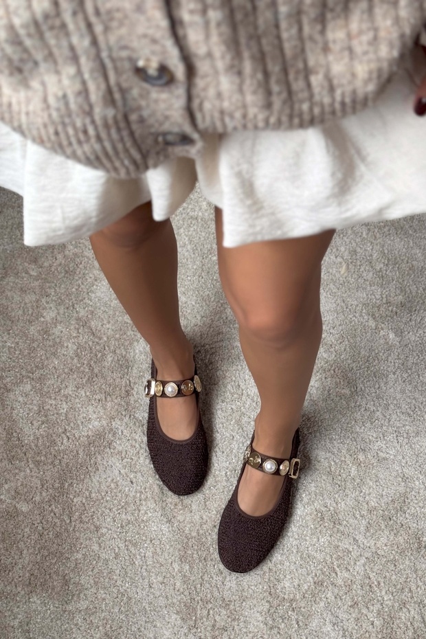 Krakow Ciemnobrązowy Dywan Akcesorium Szczegóły Płaskie Podeszwy Damskie Baleriny - 1