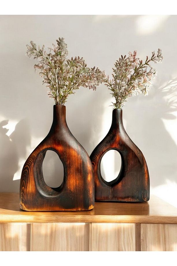 El Yapımı Yanık Ahşap Vazo Seti (24 cm) – Doğal ve Benzersiz Dekoratif 2'li Set - 1