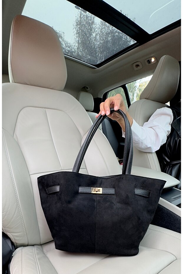 Women's Black Suede Leather Long Strap Magnet Closure Shoulder & Hand Bag