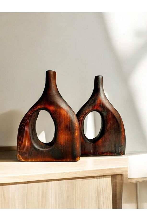 El Yapımı Yanık Ahşap Vazo Seti (24 cm) – Doğal ve Benzersiz Dekoratif 2'li Set - 2