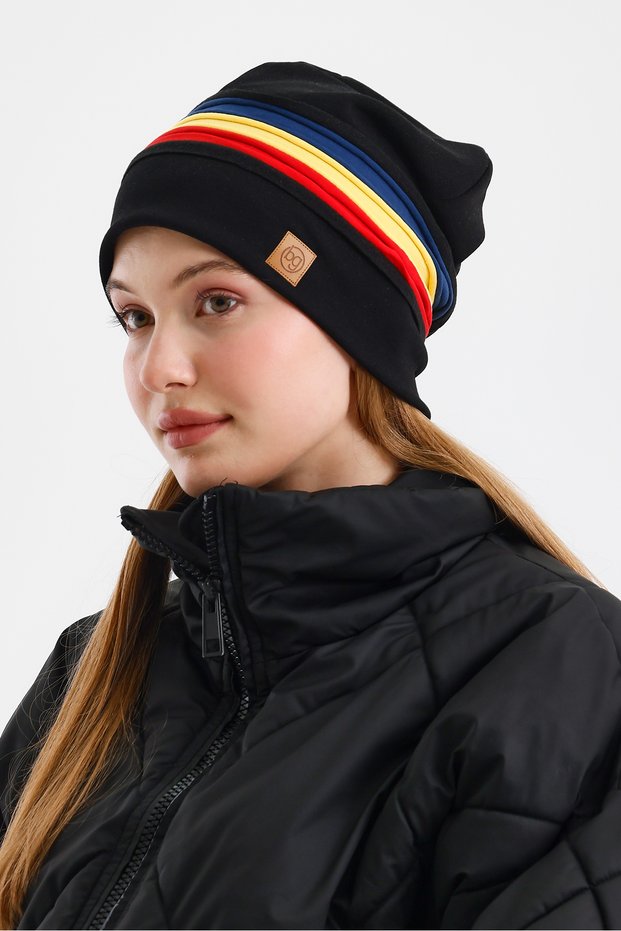 Women's Black Thermal Colored Striped 100% Cotton Soft Beanie Special One Series (Color of Romania Flag)