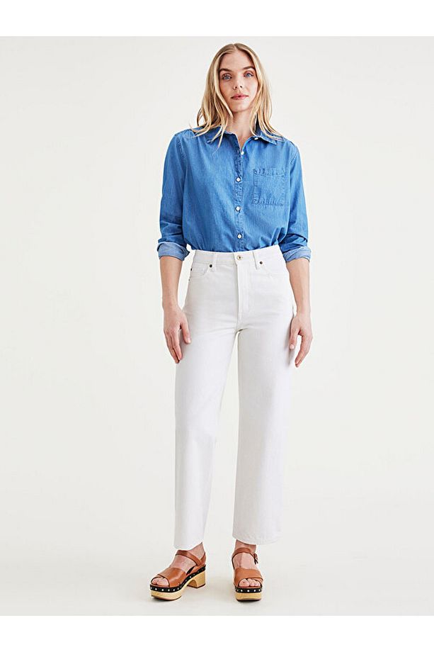 High Waist Jean Cut Beyaz Straight Fit Pantolon - 1
