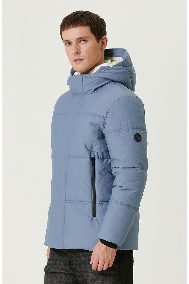Mavi Kapüşonlu Kapitoneli Casual Kaban - 4
