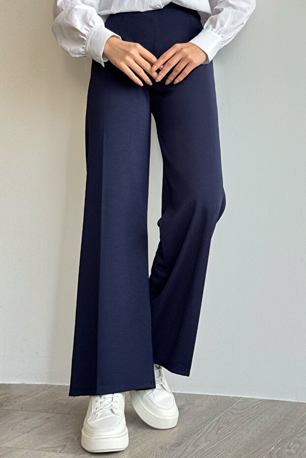 Wide Leg Elastic Waist Trousers - Navy Blue
