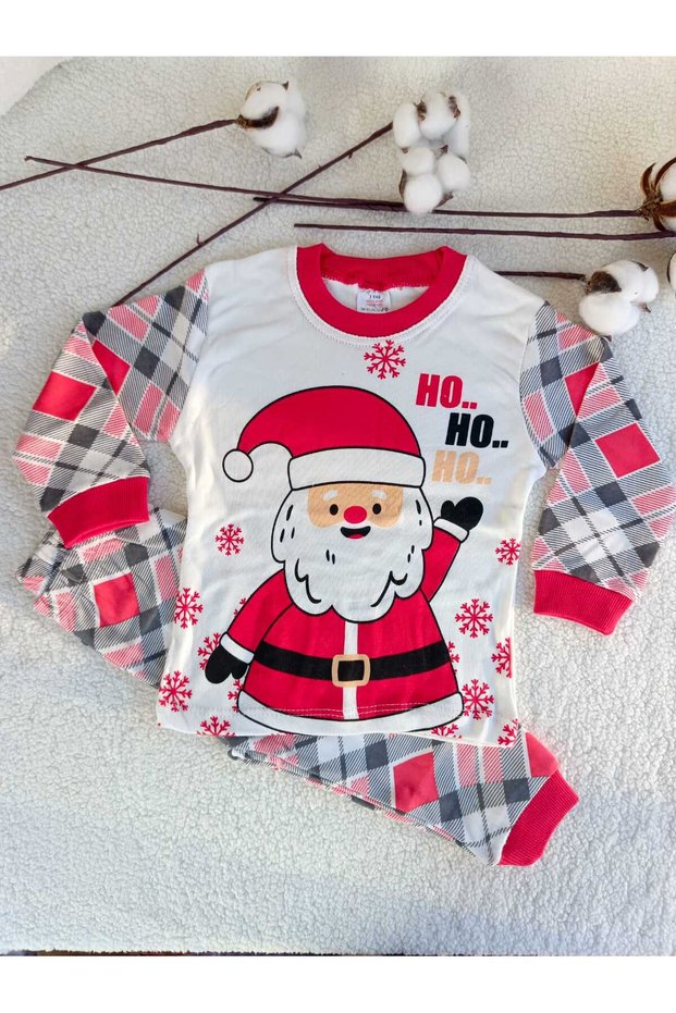 Girls Boys Children Christmas New Year Christmas Plaid Detailed Santa Claus Santa Pattern Pajama Set