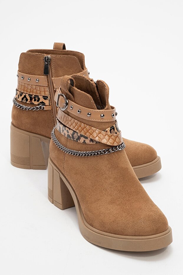 Boliva Tan Suede Belted Chain Women's Thick Heeled Boots