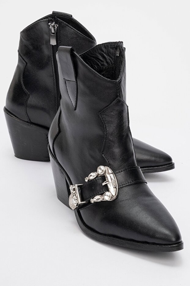 Any Black Skin Stone Genuine Leather Women's Heeled Boots