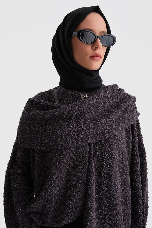 Pullu Kumaşlı Asimetrik Hırka 24k5607 Antrasit - 4