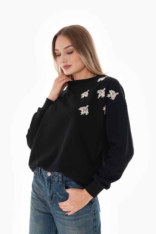 Yaprak Taş Detaylı Oversize Sweatshirt - 3