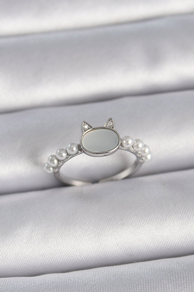 Brass Silver Color Adjustable White Enamel Cat Model Pearl Detail Women's Ring Tj-Byk3387