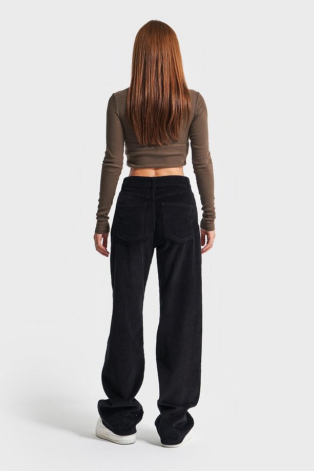 Kadın Siyah Renk Lora Loose Fit Kalın Fitilli Kadife Pantolon - 7