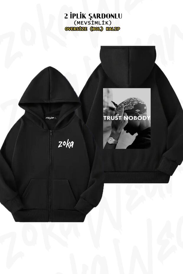 Oversize Tupac 2 Pac Shakur Trust Nobody Back Printed Zippered Hooded Black Cardigan (2 Yarn)