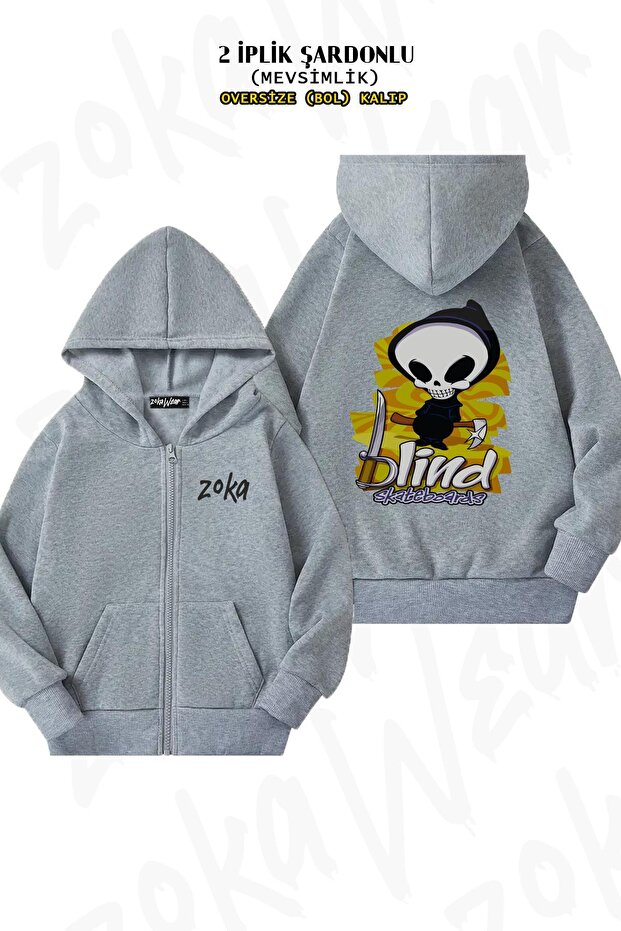 Oversize Blind Skateboards, Retro Skateboard Back Printed Zipper Hooded Gray Cardigan (2 Thread)