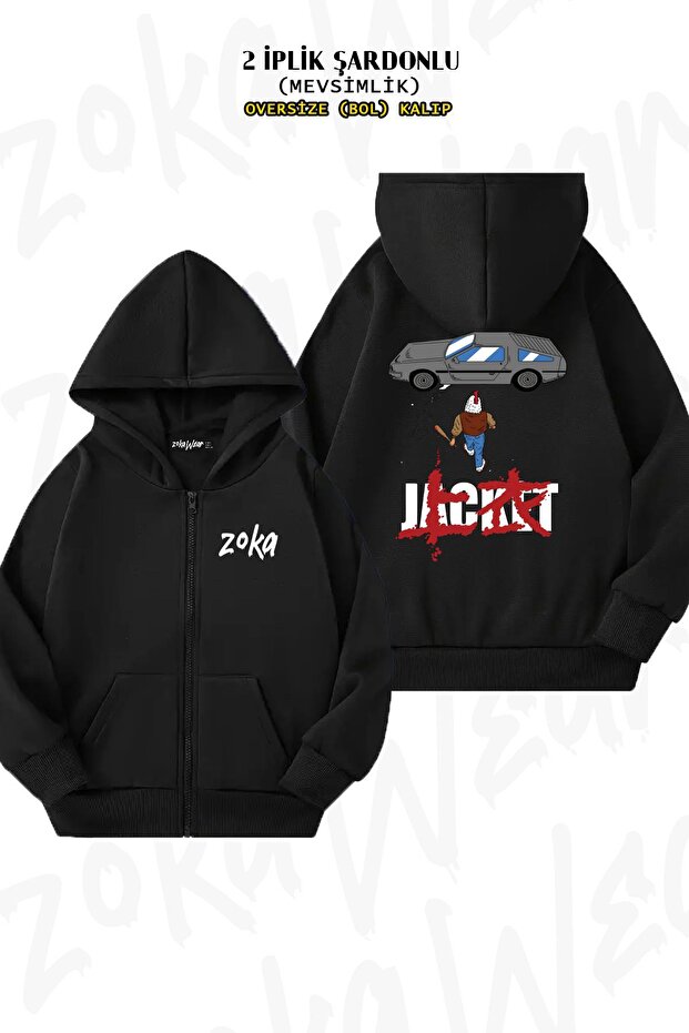 Oversize Hotline Miami Neo Tokyo Back Printed Zippered Hooded Black Cardigan (2 Yarn)