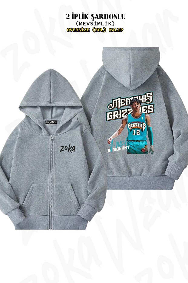 Ja Morant Back Print - سترة صوفية رمادية بغطاء للرأس بسحاب (خيطان)