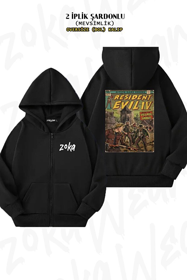 Oversize Resident Evil 4 Fan Art Comic Back Printed Zippered Hooded Black Cardigan (2 Yarns)