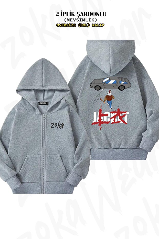 Oversize Hotline Miami Neo Tokyo Back Printed Zippered Hooded Gray Cardigan (2 Yarn)