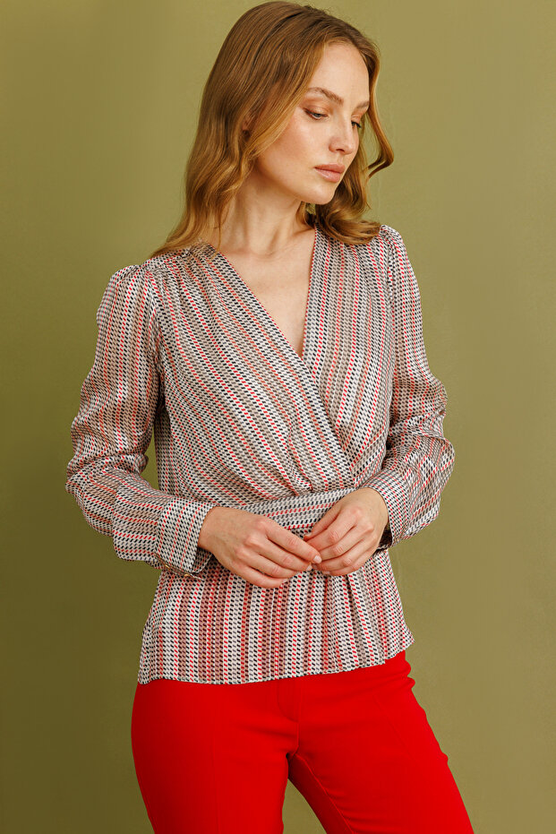Pleated Patterned Blouse - 1