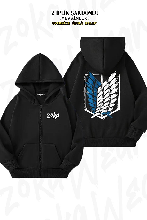 Oversize Attack on Titan Symbols Anime Logo Back Printed Zip-Up Hooded Black Cardigan (2 Thread)