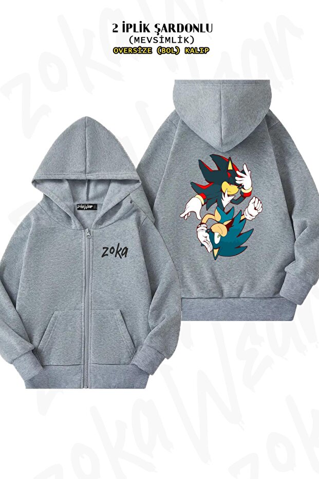 Oversize Sonic the Hedgehog Back Printed Zippered Hooded Gray Cardigan (2 Yarns)