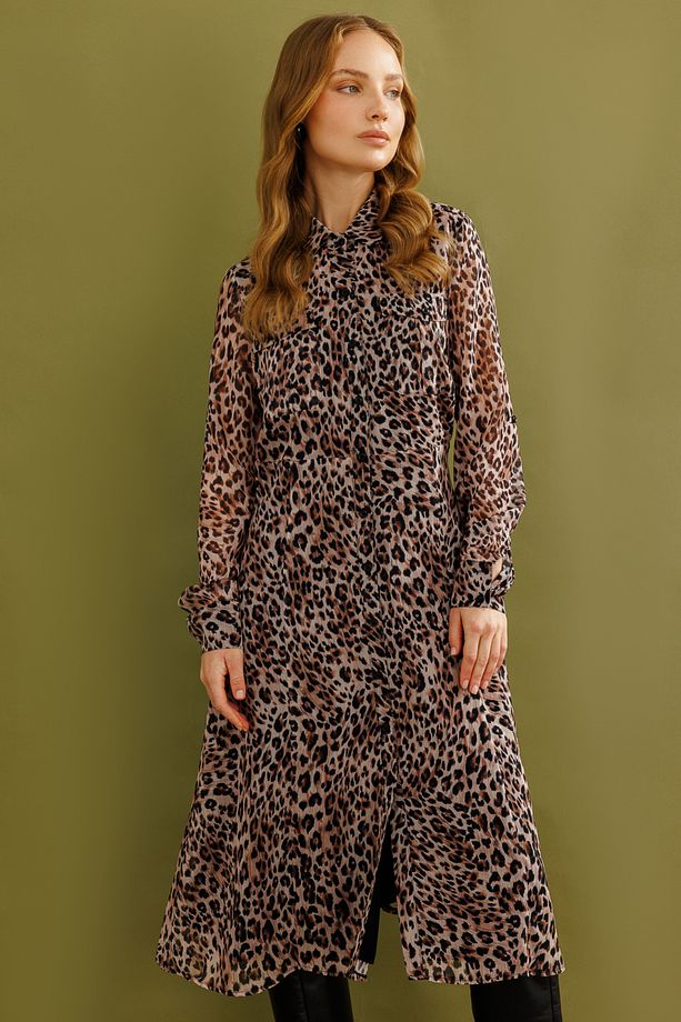 Leopar Desenli Önü Düğmeli Elbise - 1