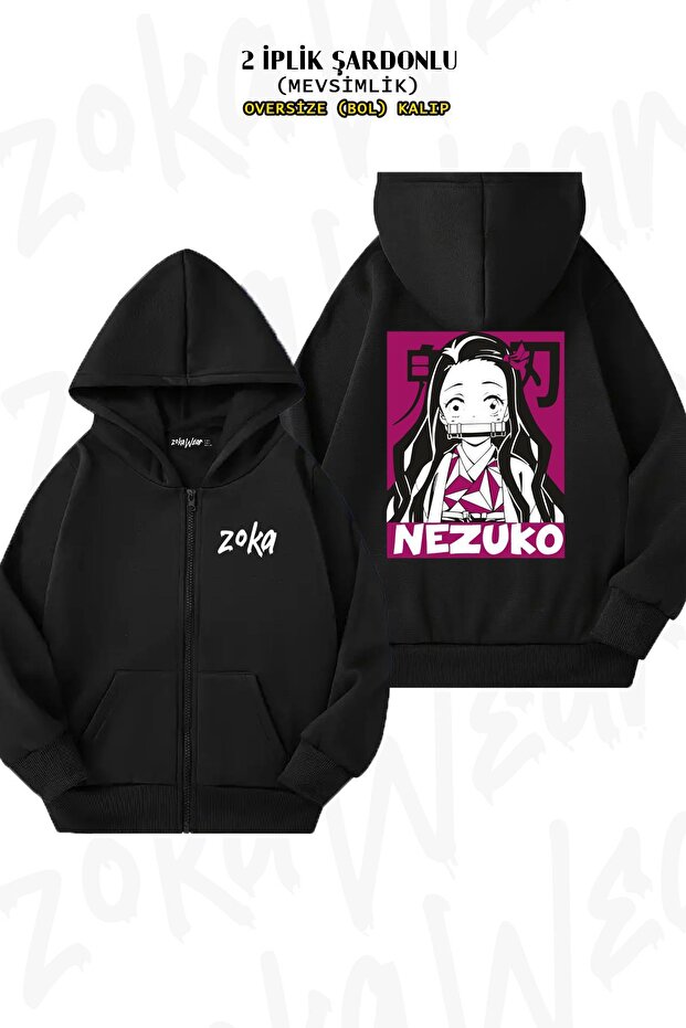 Oversize Demon Slayer Nezuko Kamado X2 Back Printed Zip-Up Hooded Black Cardigan (2 Thread)