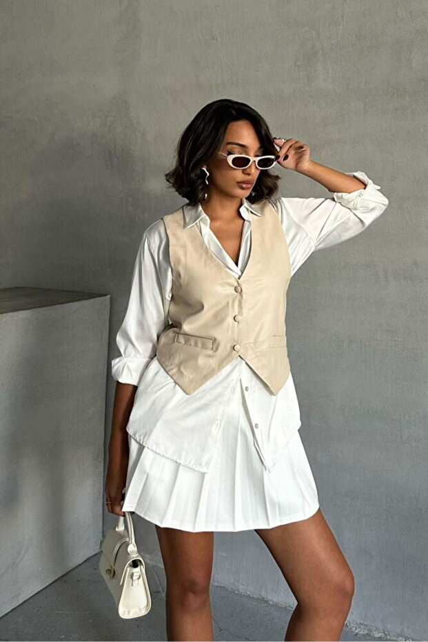 Buttoned Leather Vest - Stone | Vmf1503