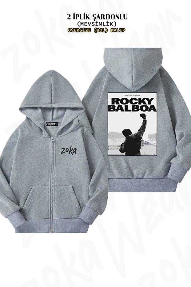 Oversize Movie Rocky Back Printed Zippered Hooded Gray Cardigan (2 Thread)