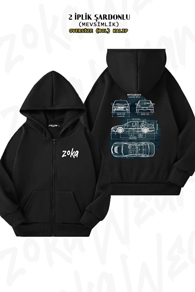 Oversize Mitsubishi Lancer Evo 2 Back Printed Zippered Hooded Black Cardigan (2 Yarns)