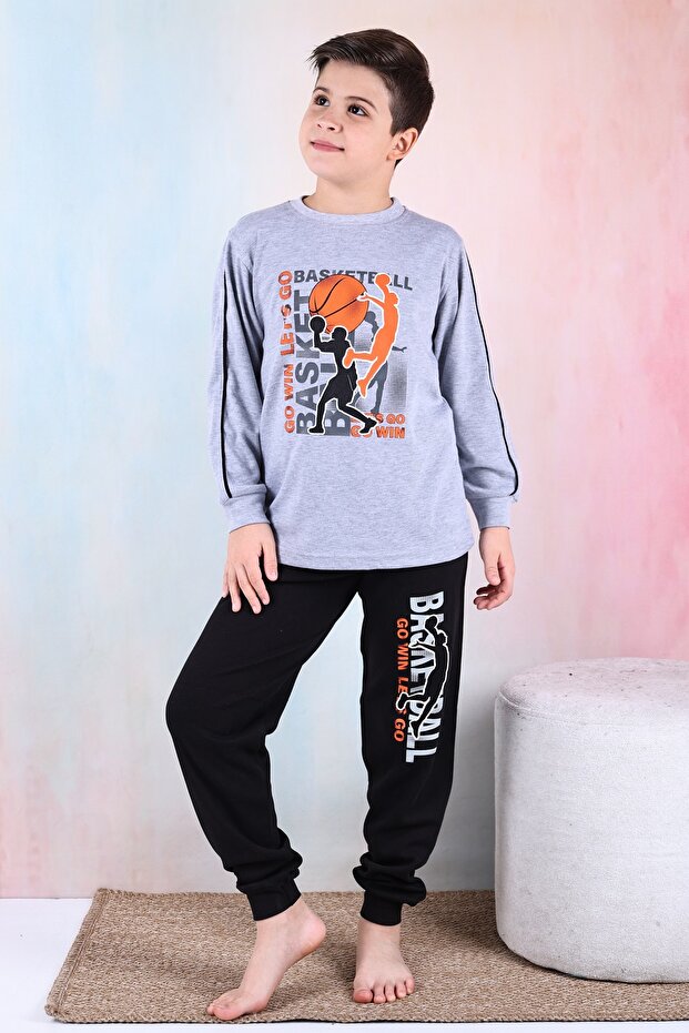 Men's Interlock Pajamas Set with Long Sleeve Crew Neck Gray Melange Color Basketball