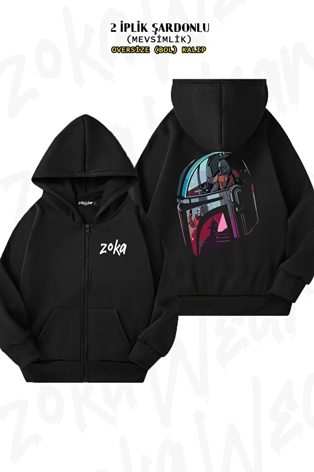 نمط خوذة Starwars Mandalorian - سترة سوداء بغطاء للرأس بسحاب (خيطان)