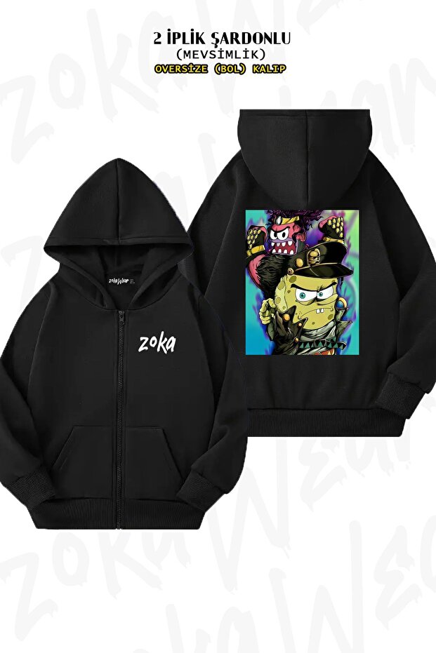 Spongebob Jojo Print - Black Cardigan with Zipper and Hood (2 Thread)