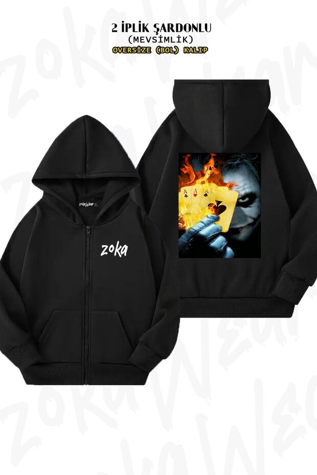 Oversize Black Joker and Kartek Back Printed Hooded Cardigan - 2 Thread