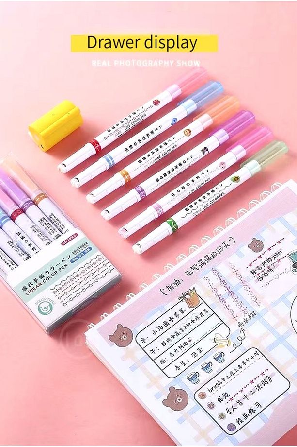 6'lı Desenli Fosforlu Kalem Linear Color Pen Çiçek Kalp Yıldız Desen Çizen Silindir Sihirli Kalem - 6