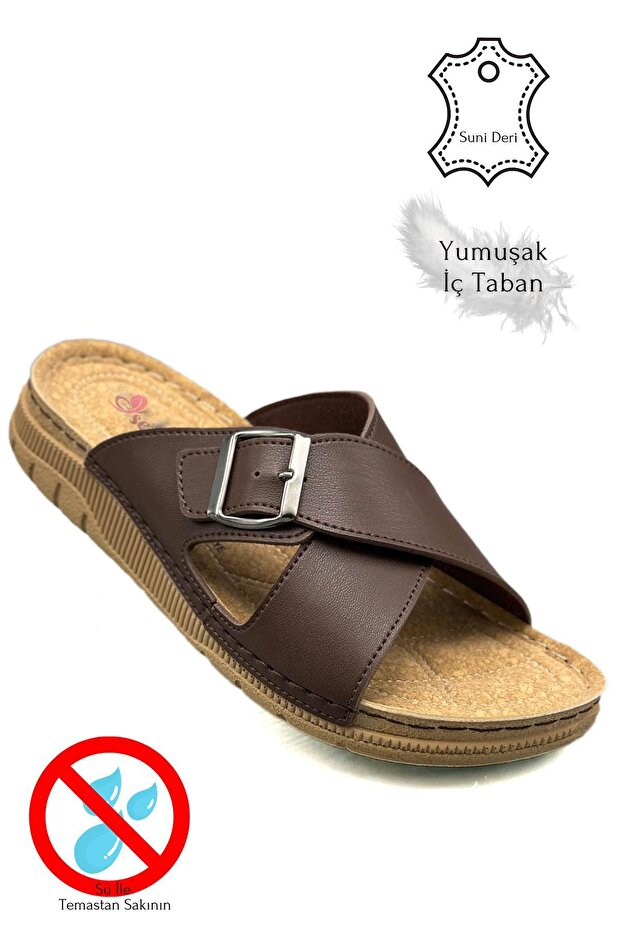Cross Band Buckle Double Band Light Sole Faux Leather Men's Slippers 521 Brown