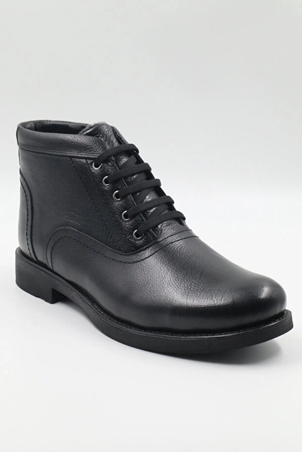 Men's Black Genuine Leather Zippered Lace-Up Fur Lined Anti-Slip Sole Classic Daily Boots 1984