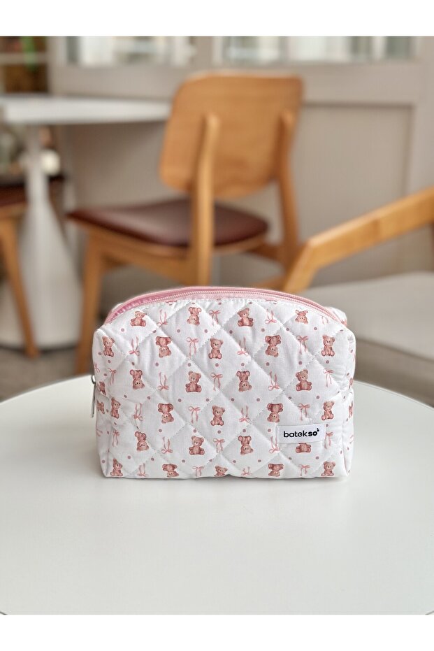 حقيبة مكياج منقوشة على شكل دمية دب وردي - حجم كبير - 4