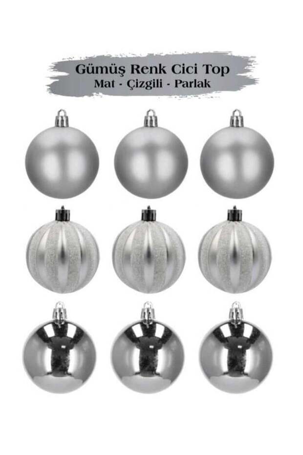 Christmas Ball Ornament 6 cm 9 Pieces Matte Shiny Draw. Silver Brs-3571