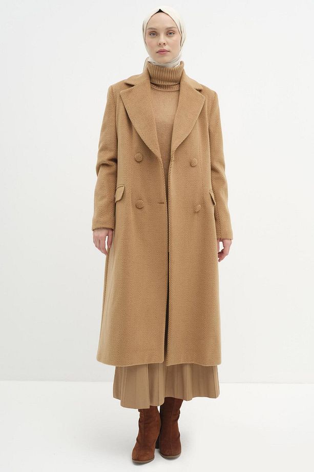 Kruvaze Balıksırtı Desenli Kaban - Camel - 5