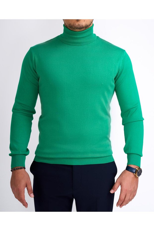 Italian Style Slim Fit Knitwear Turtleneck High-Top Sweater Green T13100
