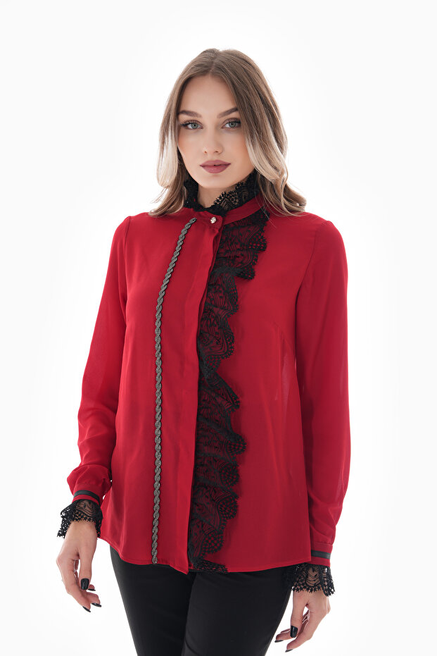 Crepe Shirt with Guipure Lace Detail - Hair Braid Accessory G0069 - Plus Size
