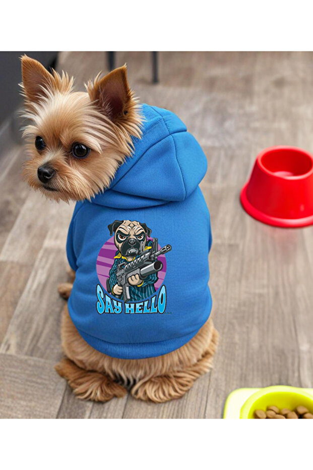 سويت شيرت أزرق مطبوع عليه Hello Dog
