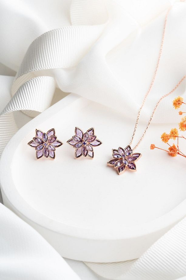 925 Ayar Lotus Çiçeği Gümüş Kolye Küpe Set - 1