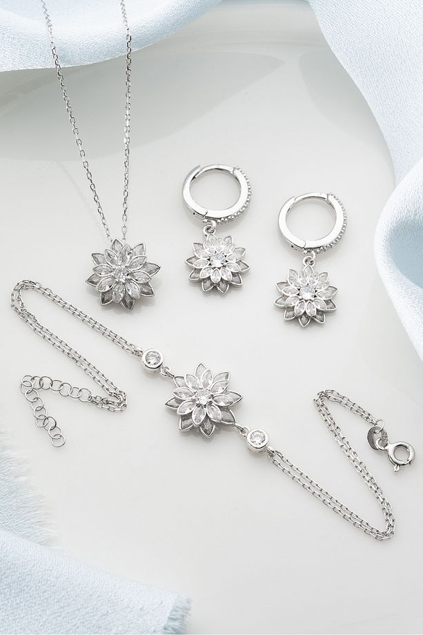 925 Ayar Gümüş Lotus Çiçeği Takı (Kolye-Küpe-Bileklik) Seti - 3