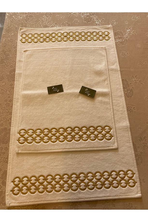 %100 Pamuk Halka Desenli Banyo Paspas Takımı Gold - 3