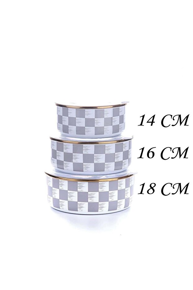 3 Size Gray Checkerboard Patterned Enameled Storage and Heating Container - 3
