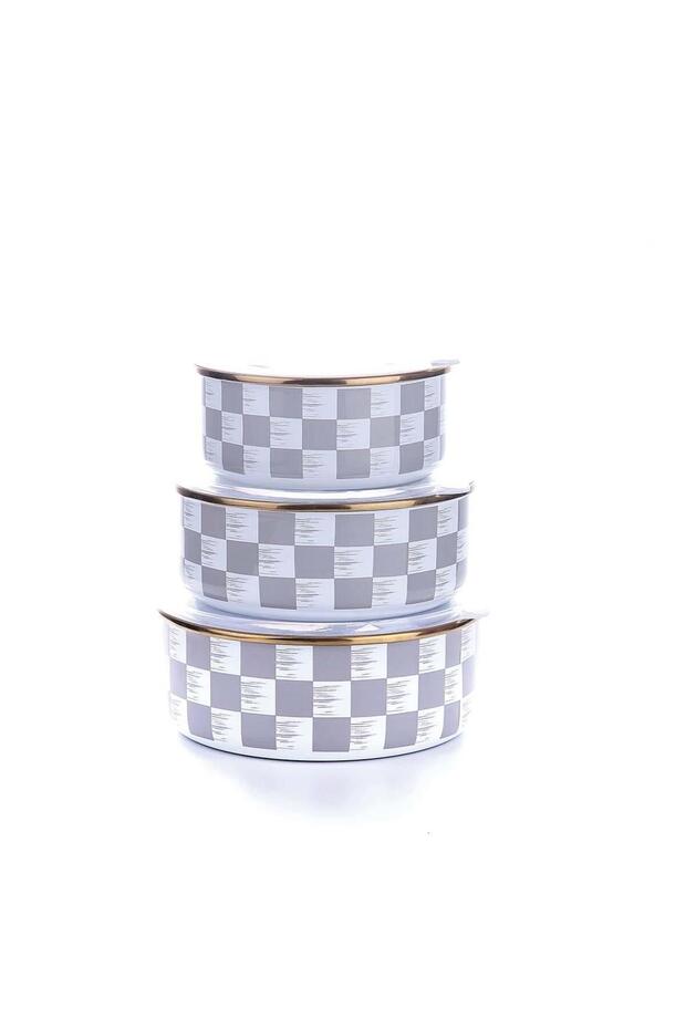 3 Size Gray Checkerboard Patterned Enameled Storage and Heating Container - 1